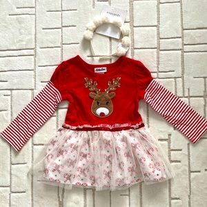 Reindeer Tutu dress with Pom Pom headband